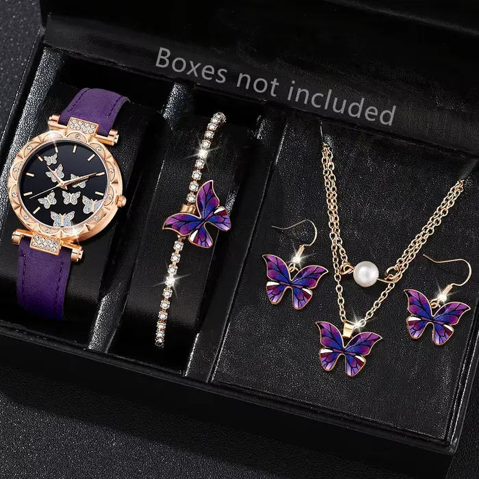 Ensemble de montres pour femmes en or rose avec bracelet en cuir violet, cadran noir à paillettes pa