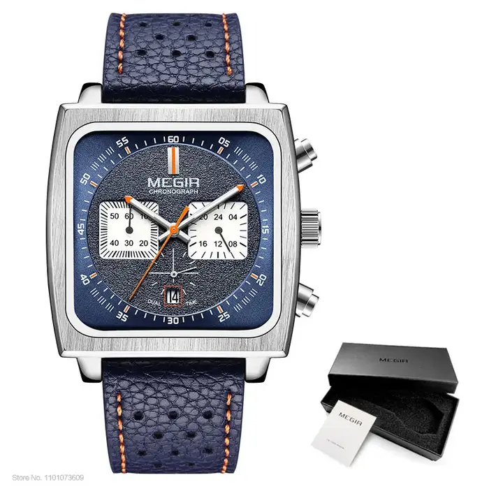 Montre MEGIR à cadran carré bleu pour homme