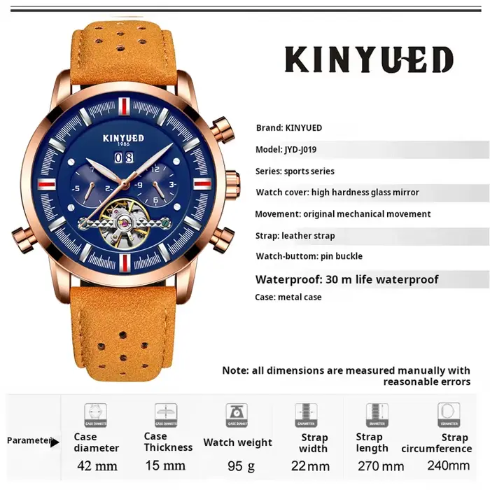 KINYUED marque hommes de luxe automatique montre mécanique sport en cuir étanche semaine Date automatique Tourbillon montres hommes Relogio