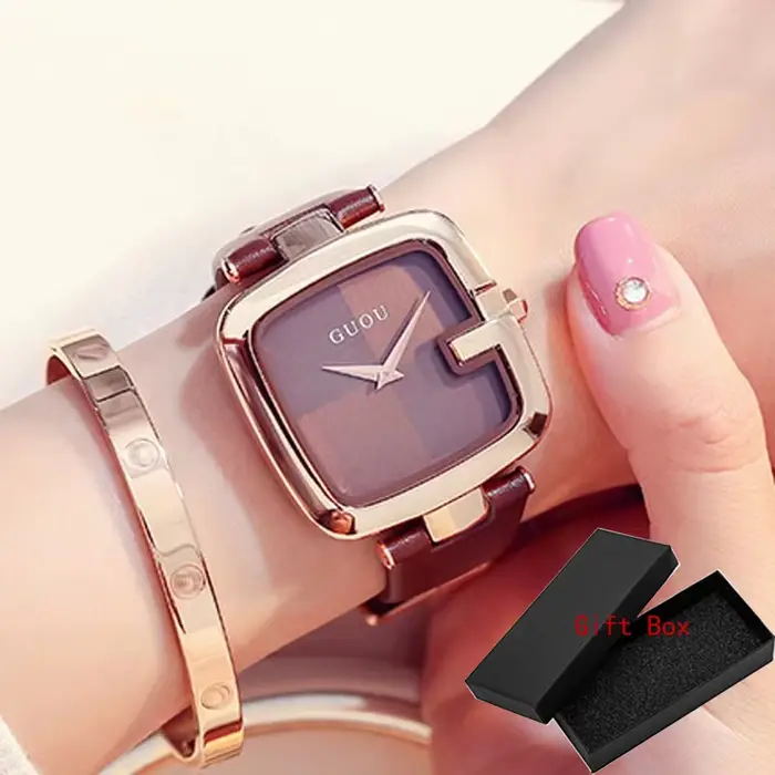 Guou – montres Zegarek Damski pour femmes, Bracelet en cuir, horloge Saati, marque de luxe, nouvelle