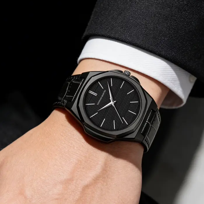Hannah Martin hommes montre 6.8mm ultra-mince JP mouvement noir en acier inoxydable