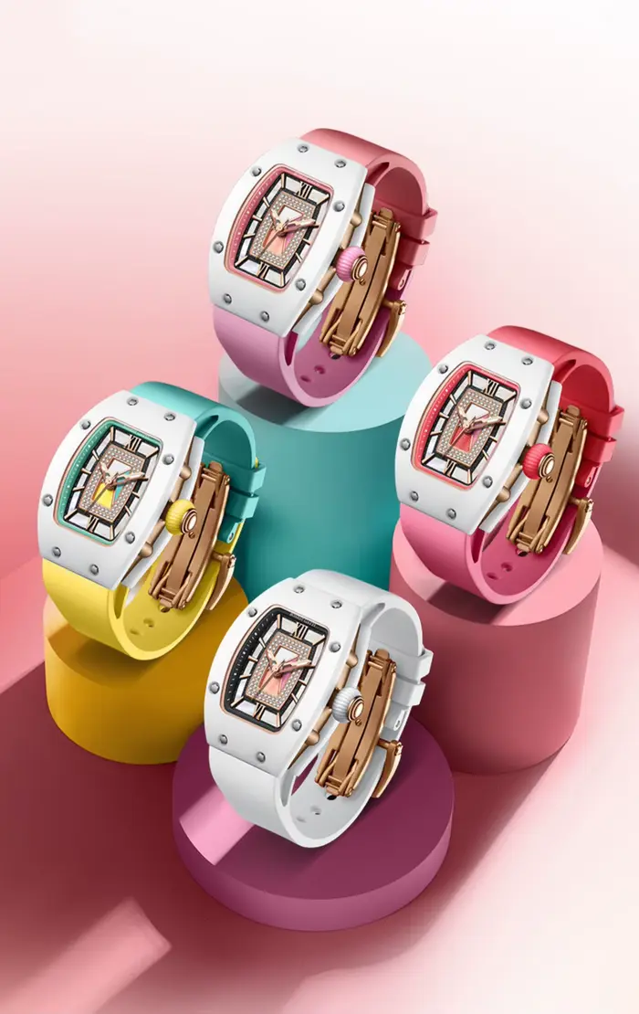 BONEST GATTI femmes montre automatique de luxe dames 32mm Tonneau mécanique montre-bracelet saphir fluororubber bracelet papillon fermoir