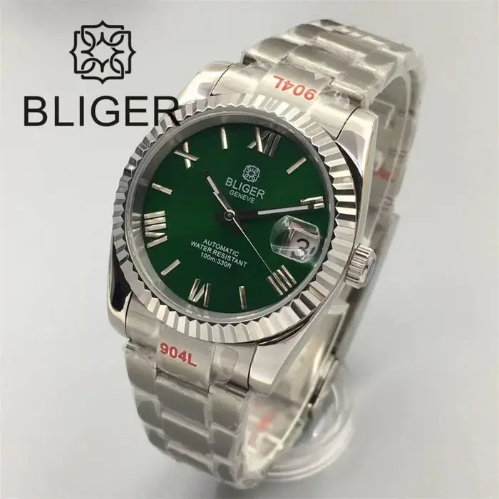 Montre malachite BLIGER pour homme, mouvement automatique NH35A, résistance à l'eau 10 bars, bracelet en acier inoxydable, cadran noir bleu blanc gris vert, occasion spéciale, cadeau d'affaires