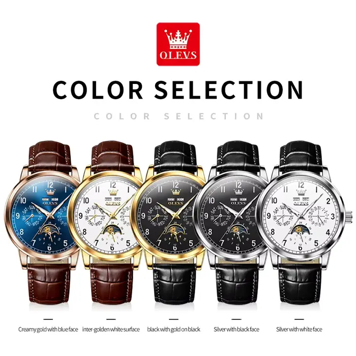 Montre mécanique OLEVS en cuir pour homme, phase de lune, étanche, calendrier touristique, élégante à offrir pour occasions spéciales