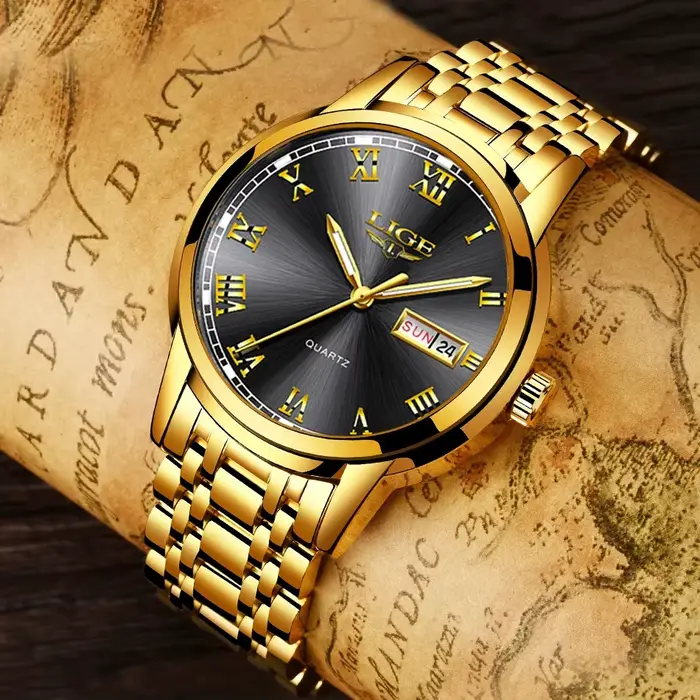 Montre Quartz Dorée LIGE pour Homme Occasions Spéciales Horlogerie Luxe Business Casual