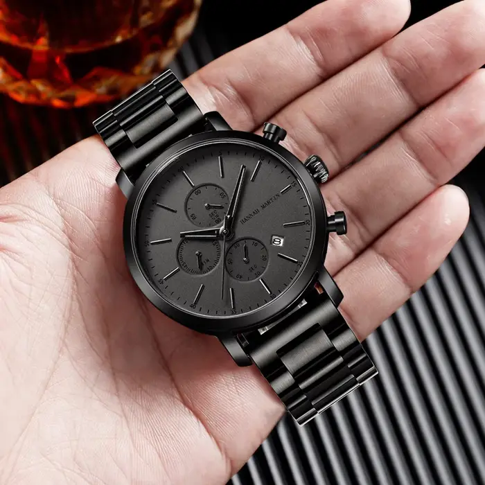 Montre Homme HANNAH MARTIN Noire Créative Multifonctionnelle Atmosphérique de Haute Qualité 40mm Géométrique Rêveuse AAA