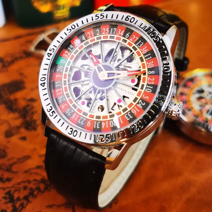 AOKULASIC mode squelette montre mécanique pour hommes conception rotative luxe en cuir bracelet en acier lumineux