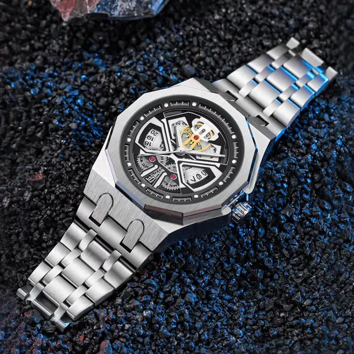 Montre-bracelet vintage PINTIME avec cadran engrenage et aiguilles rectangulaires pour homme occasions spéciales et quotidienne