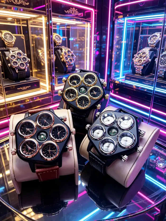 Montre à quartz pour homme à grand cadran personnalisé avec cinq cadrans et plusieurs fuseaux horaires