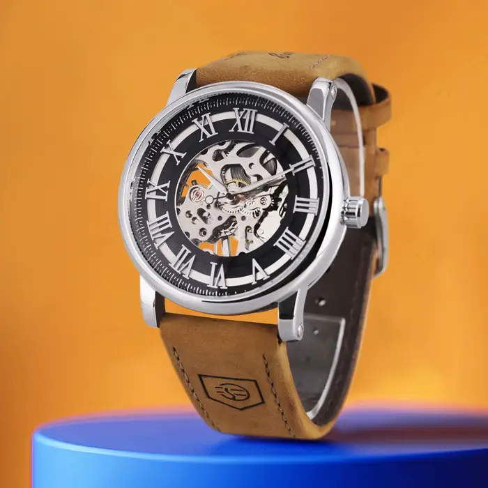 Montre Mécanique Manuelle Squelette Hommes Cuir Marron Élégante Pour Occasions Spéciales