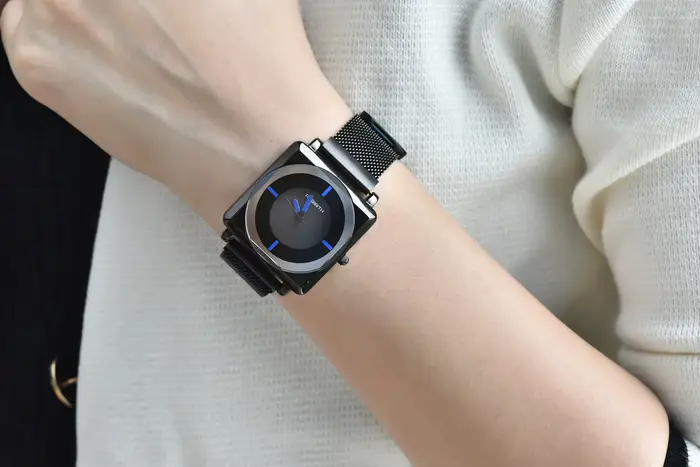 Rebirth-Montre-bracelet carrée en cuir et maille pour femme