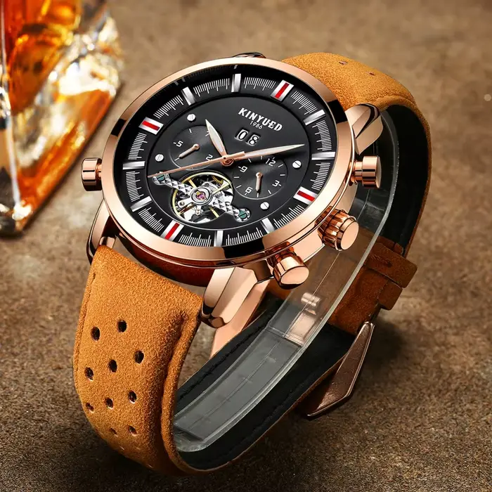 KINYUED marque hommes de luxe automatique montre mécanique sport en cuir étanche semaine Date automatique Tourbillon montres hommes Relogio