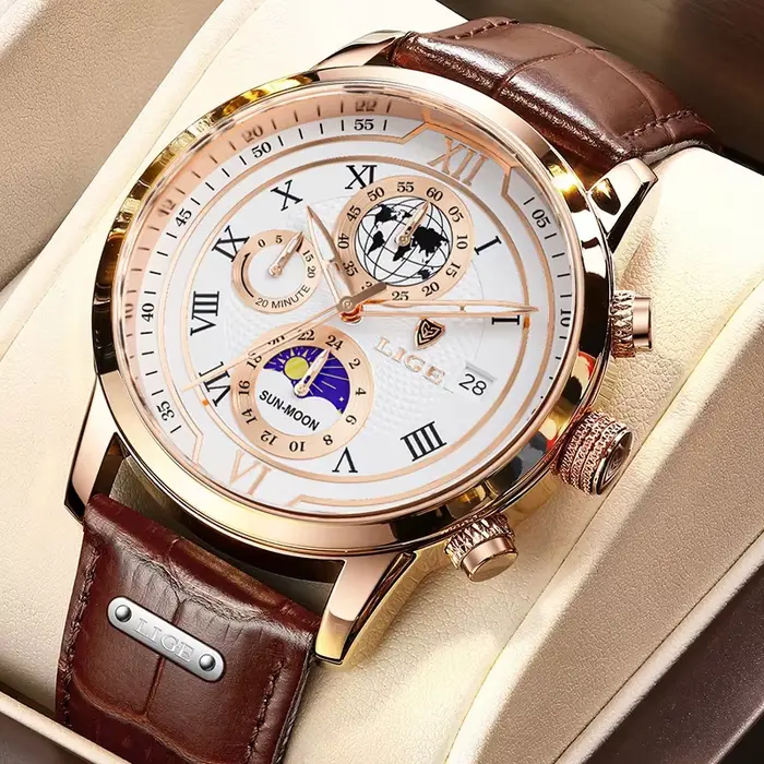 LIGE luxe homme montre-bracelet étanche lumineux chronographe montre pour hommes bracelet en cuir