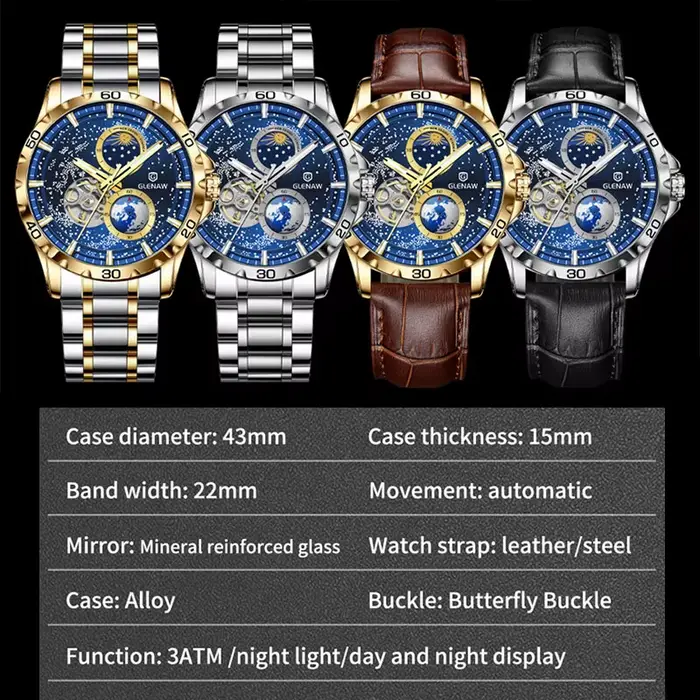 Montre-bracelet automatique mécanique GLENAW pour homme avec cadran rotatif et double aiguille des secondes