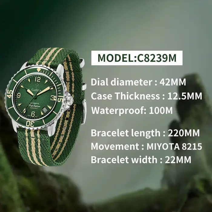 CADISEN Deep Explorer 2026 vert automatique montre mécanique homme toile bracelet montre-bracelet 8215 luxe lumineux étanche montres