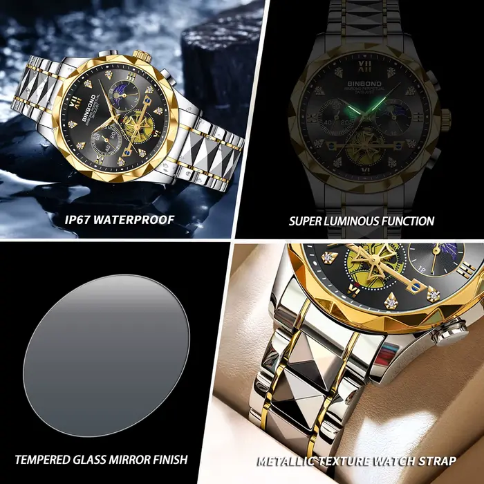 Montre chronographe robuste BINBOND pour homme à quartz avec couronne à vis, résistante à l'eau, pour affaires et occasions décontractées