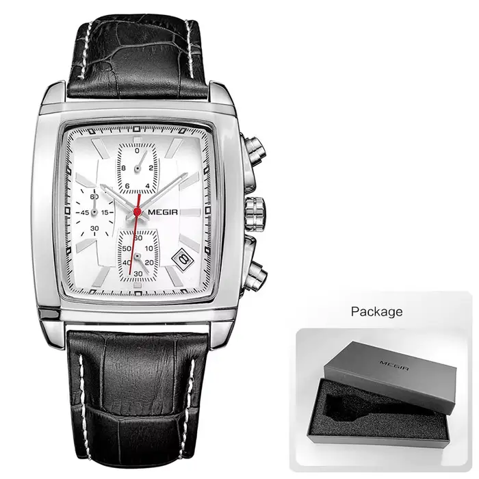 Megir cadran rectangulaire bracelet en cuir Montre pour hommes décontracté bleu chronographe montres