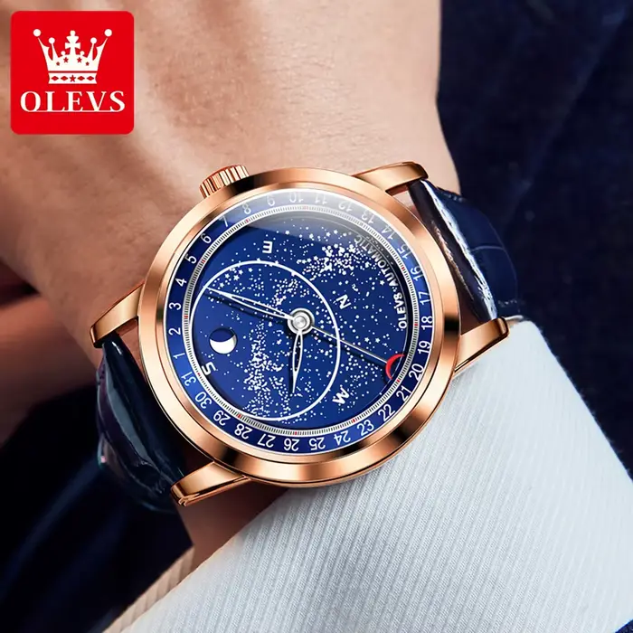 Montre mécanique automatique OLEVS 9923 phase de lune bracelet en cuir étanche pour homme occasions spéciales nocturnes