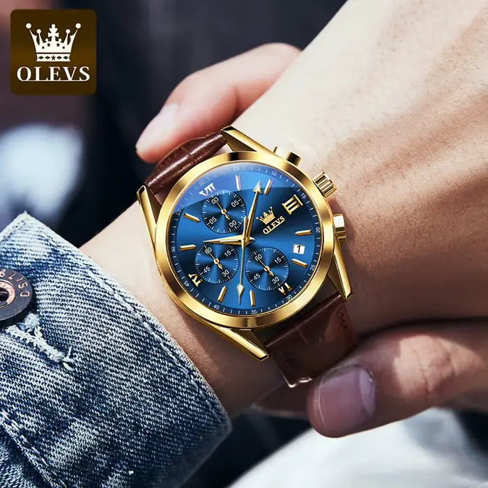 Montre OLEVS 2872 en acier inoxydable avec bracelet en cuir, résistante à l'eau, pour homme avec chronographe et calendrier complet pour différentes occasions