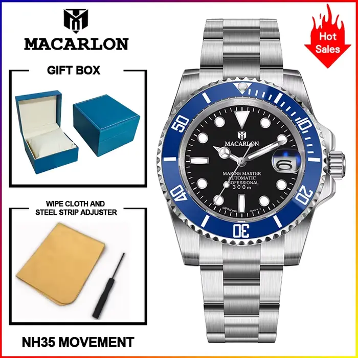 Nouvelle montre mécanique MACARLON Design 41 mm pour homme, verre saphir, luminescent, acier inoxyda