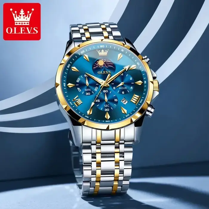 Montre homme OLEVS Top Moon Phase Fashion acier inoxydable étanche classique quartz avec calendrier lumineux et phase de lune pour toutes occasions