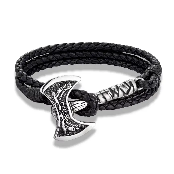 Bracelet en cuir multicouches avec hachette nordique et amulette corbeau en acier inoxydable pour homme style viking occassions spéciales