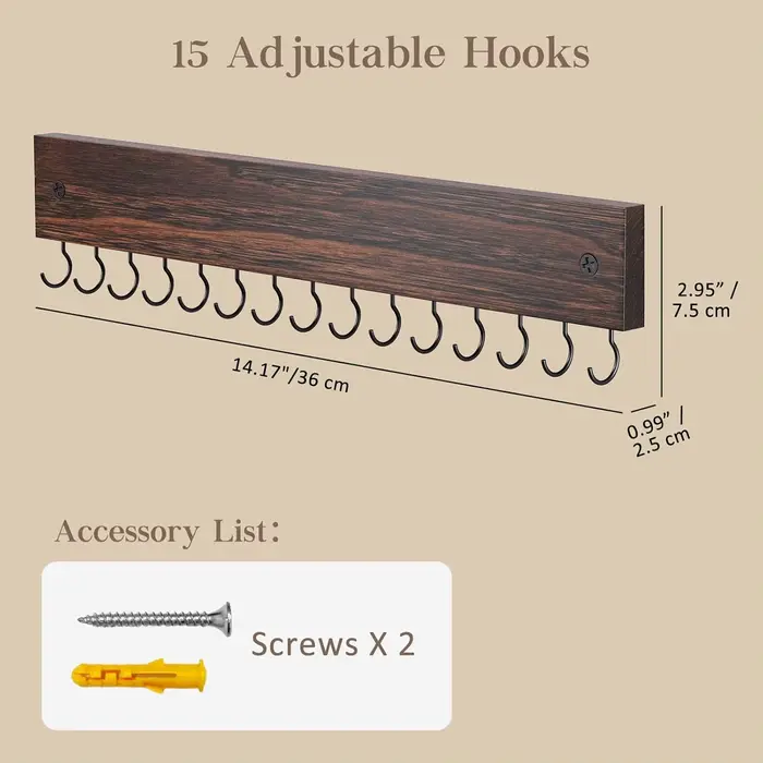 Porte-collier en bois pour mur avec 15 crochets