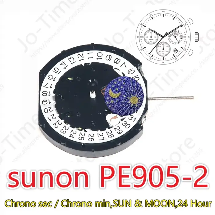 Sunon PE905-2 Montre à quartz Ligne Chine Mouvement Trois aiguilles avec 3 yeux Date Petit chronographe Deux minutes Soleil et lune 24 heures