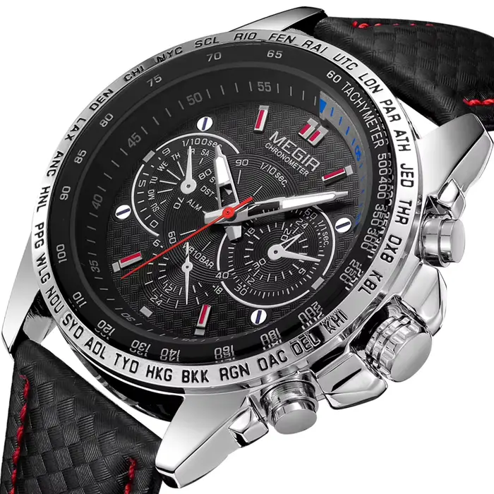 MEGIR mode homme Quartz analogique montre-bracelet marque étanche luxe en cuir montres pour hommes décontracté noir montre mâle 1010