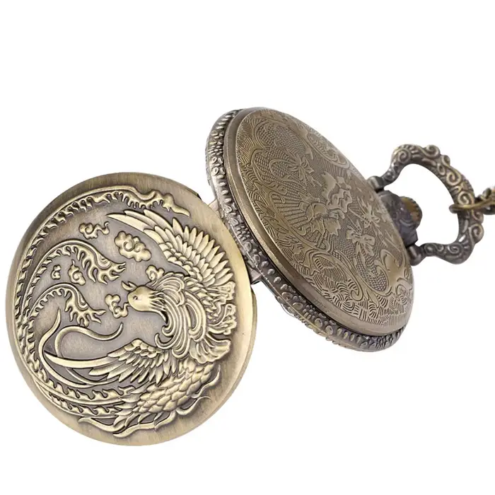 Montre de poche rétro Phoenix embossée style antique avec chaîne de collier pour femmes occasions spéciales