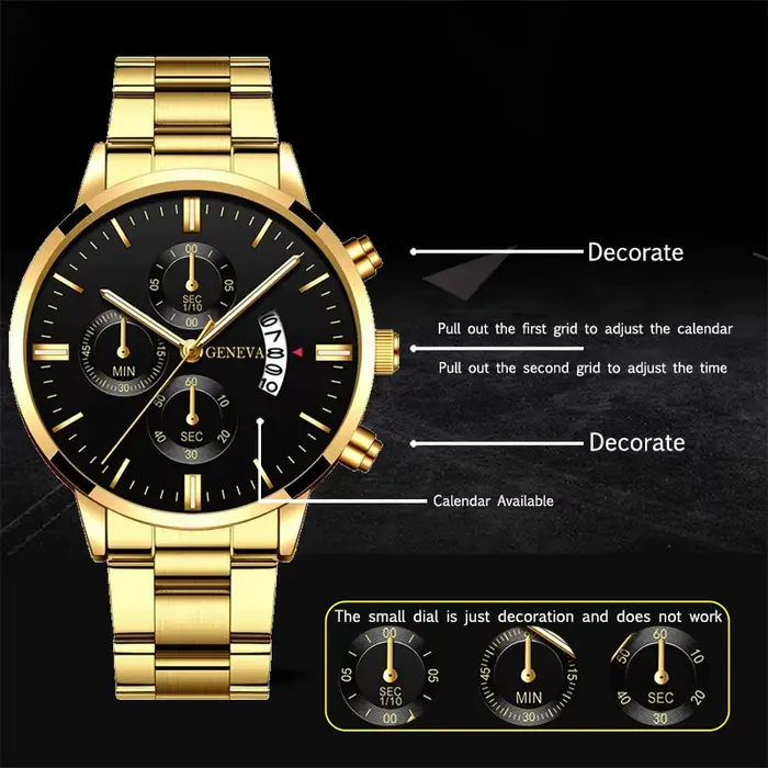 Montre-bracelet à quartz en acier inoxydable doré pour homme