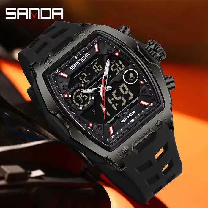 Montre SANDA double affichage analogique numérique quartz robuste pour hommes avec chronographe résistant à l'eau et alarme pour activités sportives et quotidiennes