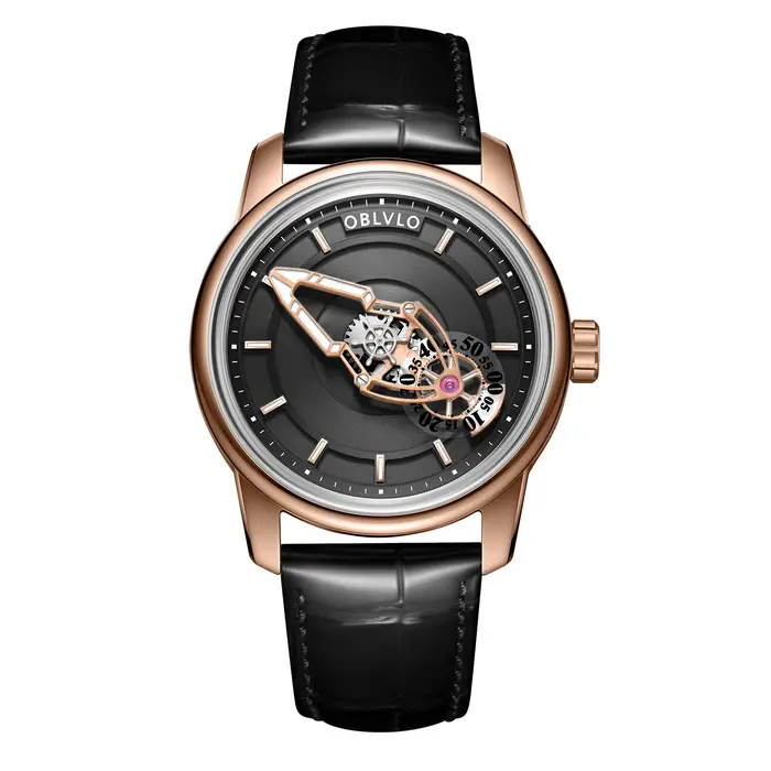 Montre automatique pour hommes OBLVLO avec mouvement manivelle mécanique et résistance à l'eau de 50m pour occasions formelles et informelles