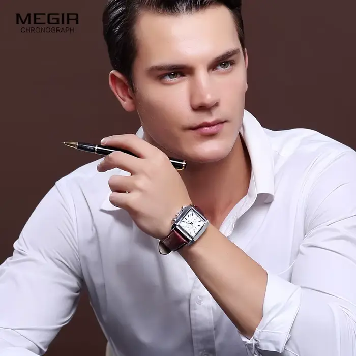 Megir cadran rectangulaire bracelet en cuir Montre pour hommes décontracté bleu chronographe montres à Quartz homme