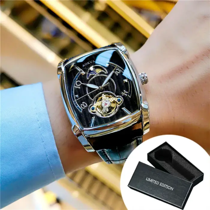 Tonneau Phase de lune montre automatique pour hommes marque de luxe Tourbillon squelette montres mécaniques ceinture en cuir aiguilles lumineuses horloge
