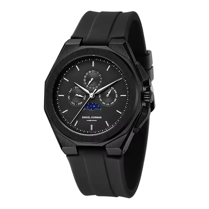 Montre Moonphase pour Hommes Montre-bracelet à Quartz Boîtier Acier Inoxydable Bracelet Silicone Occasions Spéciales Élégante Pour Hommes