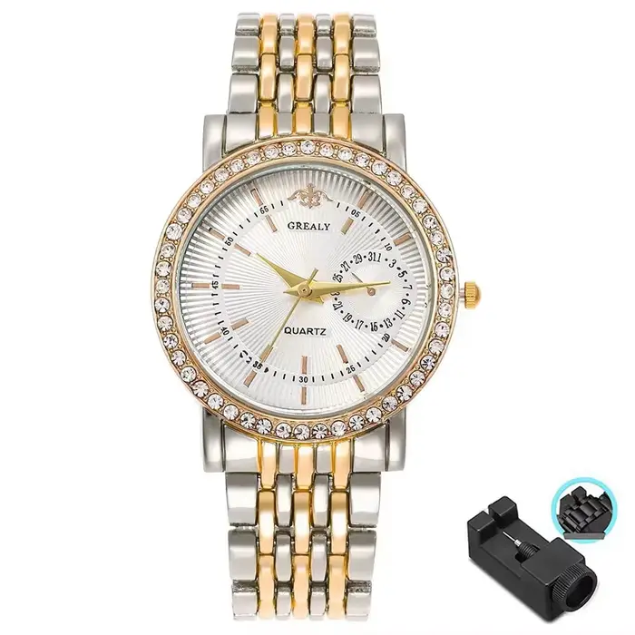 Montre Femme Élégante Bicolore Cristal Bracelet Acier Montre à Quartz