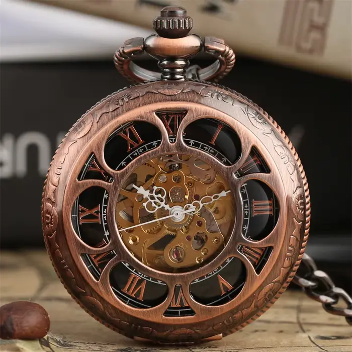 Montre de poche mécanique creuse or Rose/noir avec fleur de citrouille