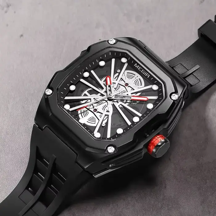 Montre mécanique Daniel Gorman Megir 8607 édition limitée homme squelette boîtier alliage bracelet silicone résistante à l'eau pour occasions spéciales