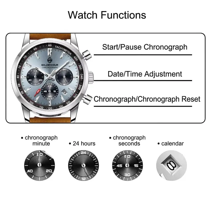 Montre GOLDEN HOUR en acier inoxydable avec fonction chronographe lumineuse et résistance à l'eau pour homme occasions spéciales et mode décontracté