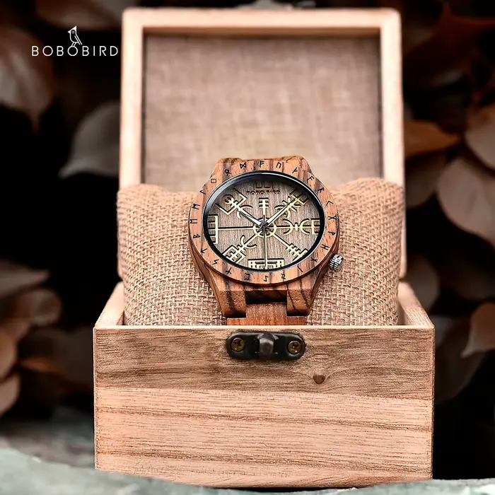 BOBO BIRD Montre vintage en bois Viking Vegvisir pour homme, horloge