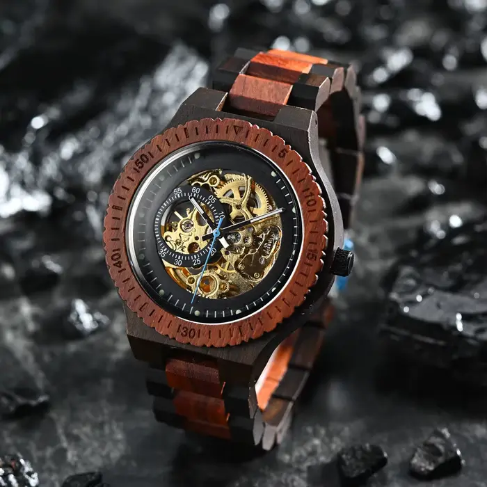 BOBO BIRD Montre mécanique en bois pour hommes Montre-bracelet automatique de luxe Aiguilles lumineuses Chronographe Logo personnalisé Personnaliser Grande boîte-cadeau Support de bijoux élégant en gr