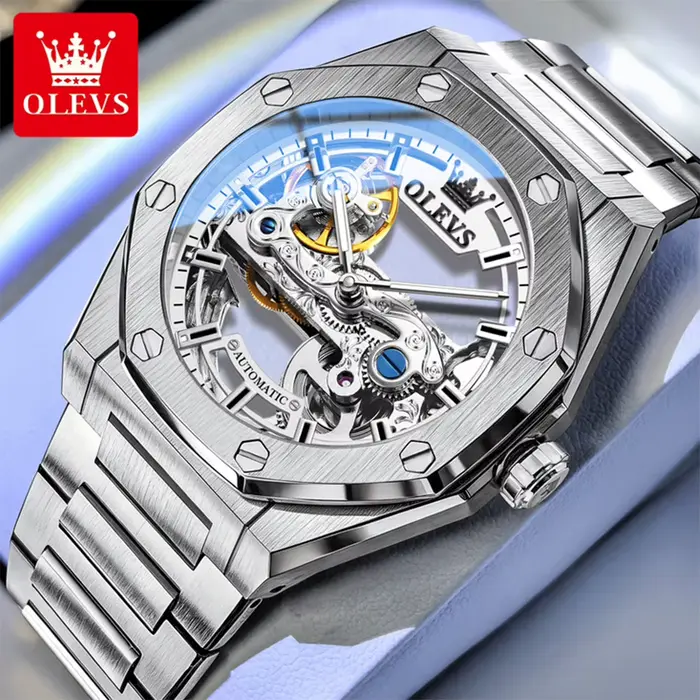 Montre automatique mécanique pour homme OLEVS, marque de luxe haut de gamme, cadran squelette octogo