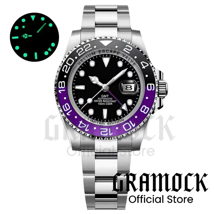 Montres automatiques pour hommes GMT noires et violettes