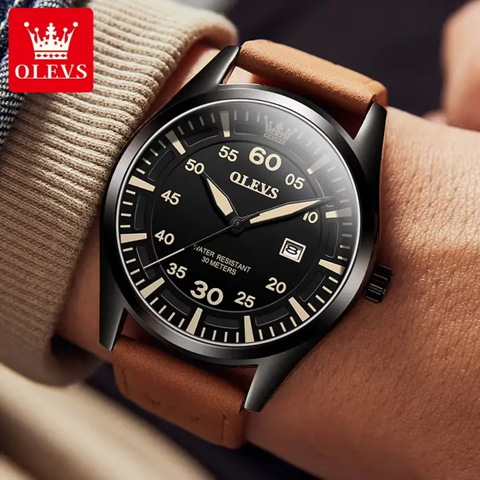 OLEVS 9962 montre à Quartz pour hommes bracelet en cuir Nubuck étanche calendrier lumineux montres