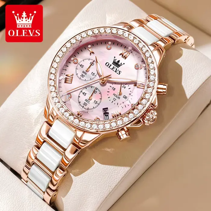 Montre OLEVS Quartz Élégante avec Fonction Chronographe et Calendrier Complet Bracelet Acier Inoxydable pour Femmes Occasions Spéciales