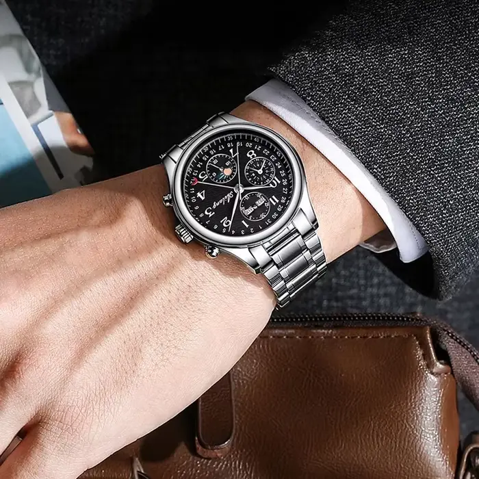 Montres mécaniques rétro Daniel Gorman avec fonction lune, mouvement automatique, boîtier en or rose et bracelet en cuir pour hommes occassions spéciales