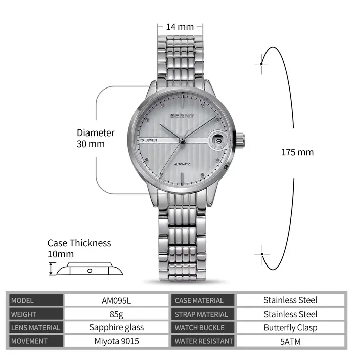 BERNY montre automatique pour femmes élégant marque de luxe auto-vent mécanique dames robe montre-bracelet saphir S/S mis5 9015 5ATM