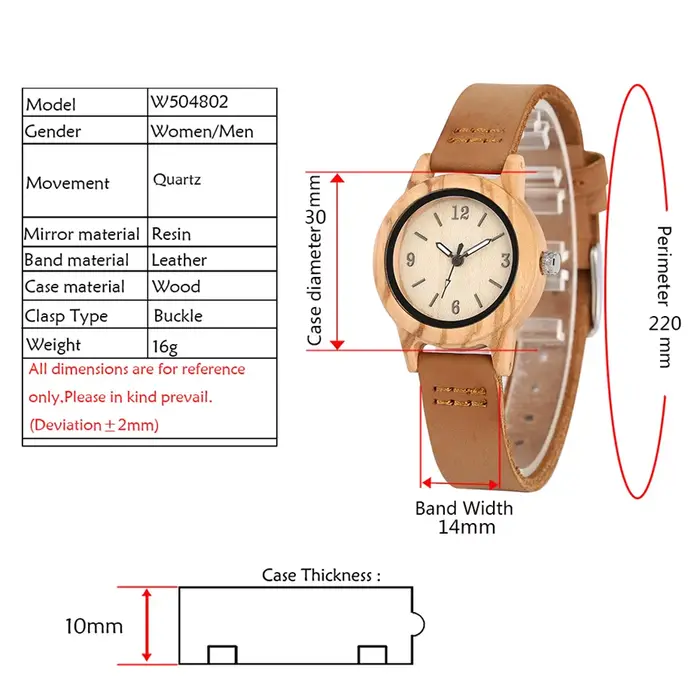 Montre en bois et cuir véritable marron pour femme