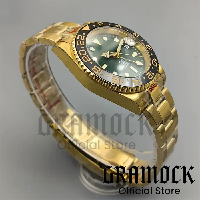 Montres Vintage personnalisées pour hommes, or jaune NH34, automatique, mécanique, cadran vert, lunette rotative, saphir, étanche, GMT